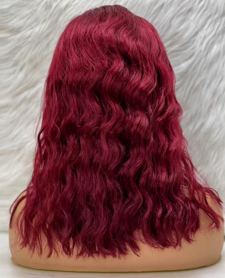 Doğal Dalgalı Küt Front Lace Gerçek Tül Peruk - Koyu Kızıl